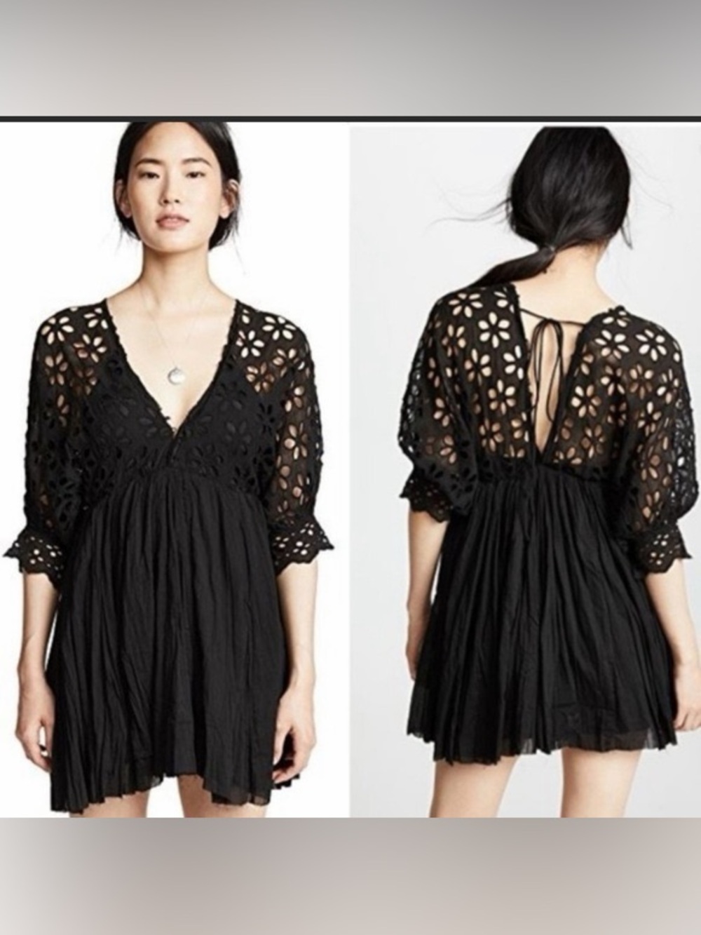 Free People One Black Bella Notte Mini Dress Eyelet Sleeve Size Small